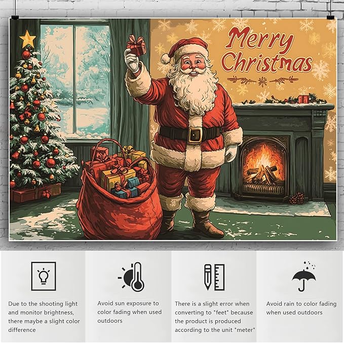 YongFoto Retro Merry Christmas Backdrop 8x6.5ft Santa's Home Christmas Tree Fireplace Photography Background Happy New Year Xmas Eve Family Party Banner Room Decor Photoshoot Wallpaper Photo Booth