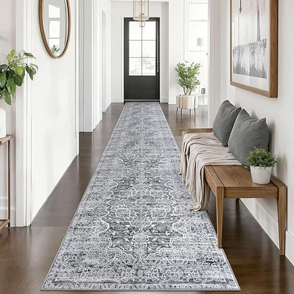 KUTA Vintage Floral Washable Runner Rug 2.6x14, Non-Slip Hallway Kitchen Rugs Grey Blue White with Rubber Backing, Ultra Soft Printed Classic Vintage Floral Extra Long 14ft Carpet Runners