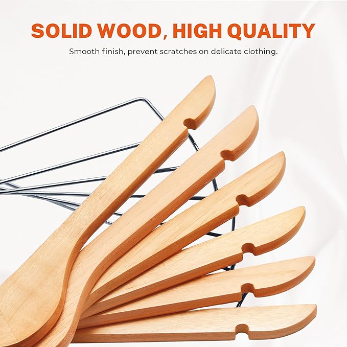 HOUSE DAY Wooden Hangers with Clips 24 Pack,Wooden Suit Hangers Skirt Hangers Solid Wood Pants Hangers Natural Smooth Finish Wood Hangers with Durable Metal Clips for Blouse, Dress, Coat, Jacket