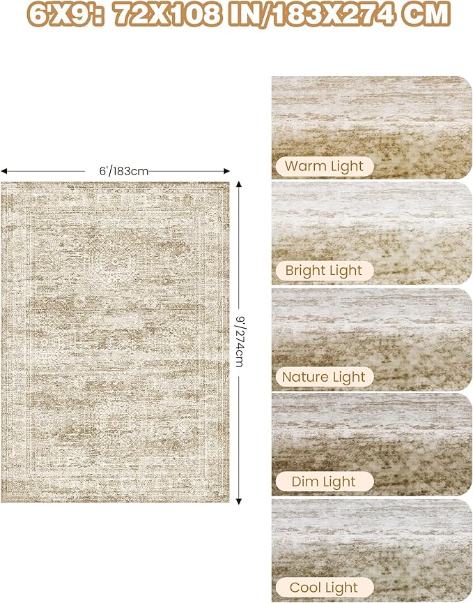 6x9 Rug for Living Room,Soft Low Pile Indoor Washable Rugs for Bedroom, Non-Slip Backing Vintage Large Area Rug, Printed Abstract Carpet(6'x9', Brown/Ivory)