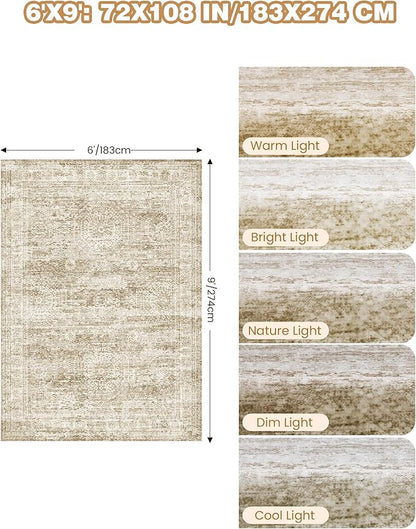 6x9 Rug for Living Room,Soft Low Pile Indoor Washable Rugs for Bedroom, Non-Slip Backing Vintage Large Area Rug, Printed Abstract Carpet(6'x9', Brown/Ivory)