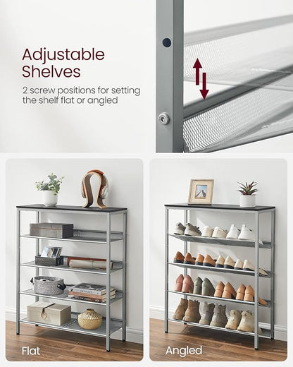 VASAGLE Shoe Rack for Entryway, 5-Tier Shoe Rack Organizer with Storage Shelves and Spacious Top, Freestanding, Adjustable, Industrial, Charcoal Grey and Metallic Silver ULBS038E22