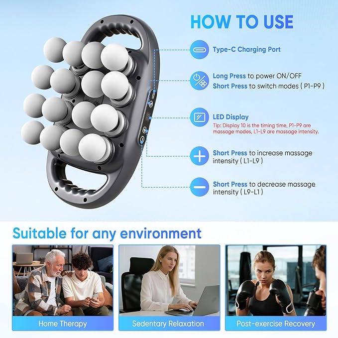 16-Head Massage Gun Set, Deep Tissue Massager with 9 Modes & Levels, Muscle Massager Pain Relief, Percussion Massage Gun for Back/Shoulders/Legs/Waists (Black, 16-Head)