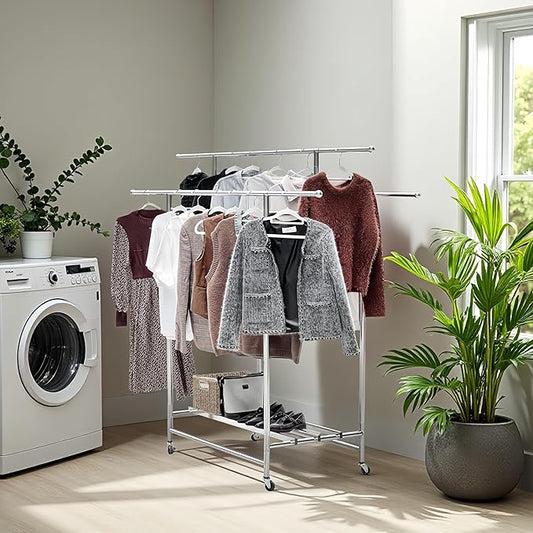Stainless Steel Clothes Rack, 3-Rod Garment Rack for Hanging Clothes with 4 Wheels Load 600 LBS