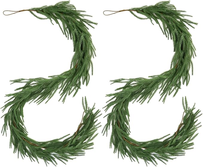 2 Pcs 6 Ft Norfolk Pine Garlands, Christmas Garlands, Real Touch Winter Pine Garland, Artificial Faux Greenery Garland for Table, Mantle, Wall, Staircase, Indoor, Outdoor Christmas Decorations