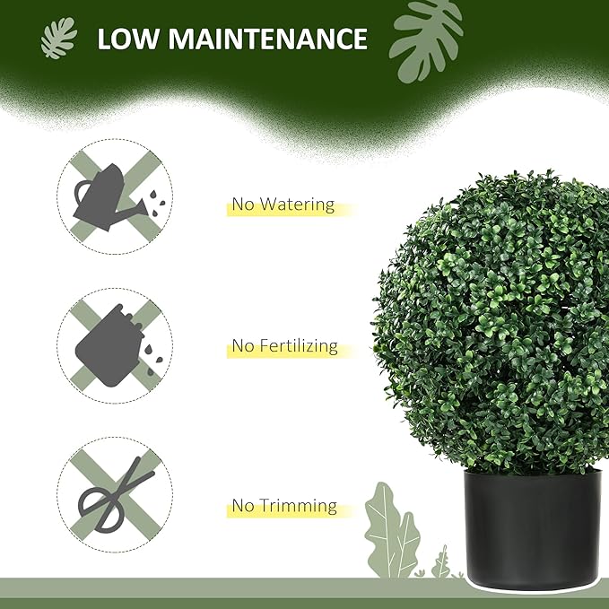 HOMCOM Set of 2 20.5" Artificial Ball Boxwood Topiary Trees with Pot, Indoor Outdoor Fake Plants for Home Office & Living Room Decor