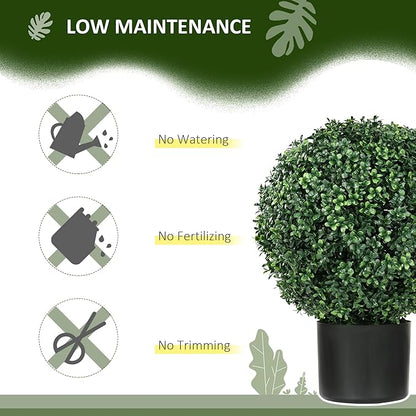 HOMCOM Set of 2 20.5" Artificial Ball Boxwood Topiary Trees with Pot, Indoor Outdoor Fake Plants for Home Office & Living Room Decor