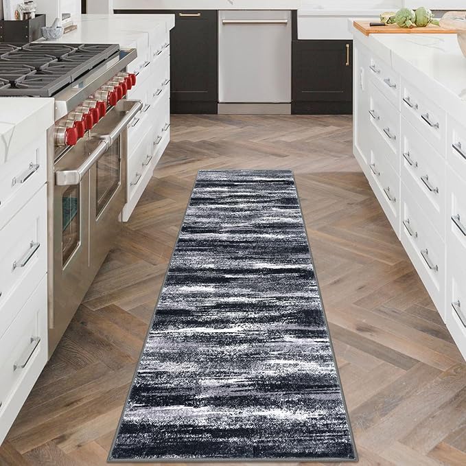 Modern Abstract Runner Rug 2x6, Black Grey Washable Entryway Runner Non-Slip Soft Hallway Rug Runner Thin Print Faux Wool Carpet for Kitchen Bedroom Laundry Room Indoor