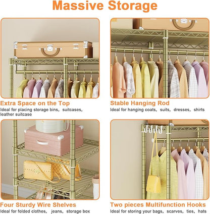 Ulif F4R Heavy Duty Clothes Rack(With Lockable Wheels )Rolling Clothing Racks for Hanging Clothes，Adjustable Closet Organizer System，Portable Garment Rack 45"W x 15.8"D x 73.5"H，Max Load 650LBS,Gold