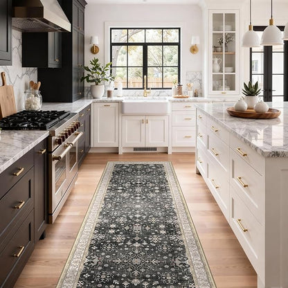 GENIMO 2'5x7 Runner Rug,Machine Washable Non-Slip Vintage Rugs,Low Pile Lightweight Carpet for Bedroom,Hallway,Entryway,Kitchen,Bathroom,Black