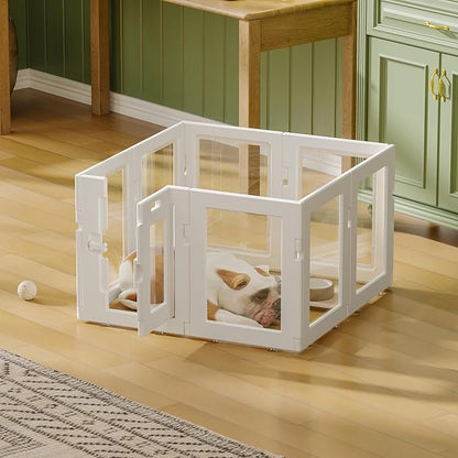 Clear Acrylic Dog Playpen Indoor, Puppy Cat Small Pet Play Pen, Easy Assemble & Disassemble Sturdy Plastic Dog Fence with Heavy Duty Door Lock (24In H, 8PCS), White