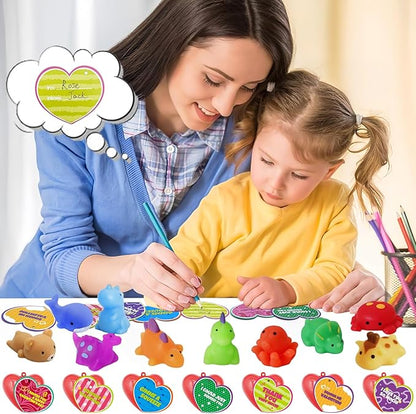 28 Pack Valentines Day Gifts for Kids, Mochi Squishies Party Favor Set with Valentines Greeting Cards for Kids Valentine School Gifts Prize Classroom Exchange Gift Set