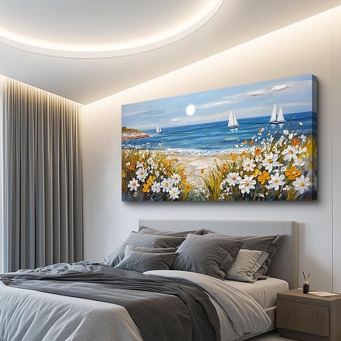 KELIYUAN Wall Art For Dining Room Kitchen Blue Ocean Beach Art Pictures Living Room Decor Vintage Landscape Painting Modern Canvas Print Suitable For Bedroom Office Farmhouse Wall Decor 24x48 In
