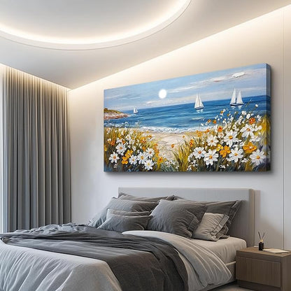 KELIYUAN Wall Art For Dining Room Kitchen Blue Ocean Beach Art Pictures Living Room Decor Vintage Landscape Painting Modern Canvas Print Suitable For Bedroom Office Farmhouse Wall Decor 24x48 In