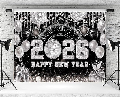 8x6ft Happy New Year 2026 Black Silver Backdrop 2026 New Year Eve Countdown Photo Background Cheer to 2026 Party Decoration Banner Photo Supplies