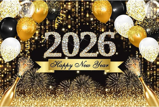 YongFoto 2026 Happy New Year Backdrop 8x6.5ft Gold Balloons Champagne Fireworks Photography Background Christmas Festival Carnival Family Party Banquet Decor Banner Photoshoot Wallpaper Photo Booth
