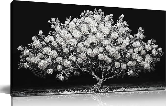 JuhaiArt White Rose Tree Wall Art Bedroom Black Wall Decor Floral Picture for Bedroom Office 20"x 40"