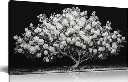 JuhaiArt White Rose Tree Wall Art Bedroom Black Wall Decor Floral Picture for Bedroom Office 20"x 40"