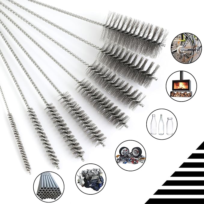 12 Inch Pipe Cleaning Brush Set with Stainless Steel Bristles, Tube Bottle Brush Kit, 8 Sizes for Auto Parts, Bottles, Guns, Tubes, Etc.