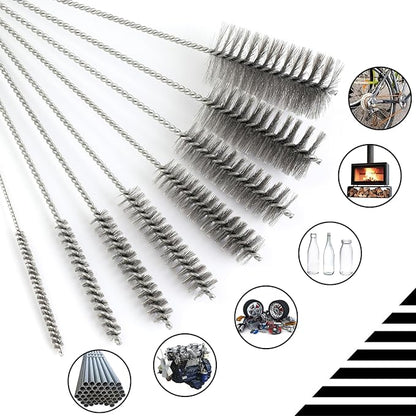 12 Inch Pipe Cleaning Brush Set with Stainless Steel Bristles, Tube Bottle Brush Kit, 8 Sizes for Auto Parts, Bottles, Guns, Tubes, Etc.