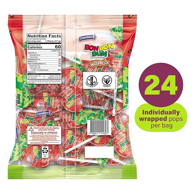 Colombina Bon Bon Bum Lollipops w/Bubble Gum Center, Watermelon Flavor, Individually Wrapped, Ideal for Party Favors and Gifts, 2 Pack (24 Count)
