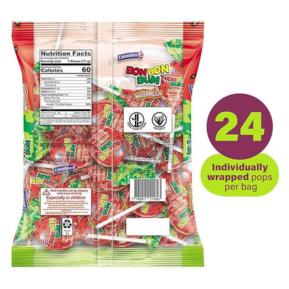 Colombina Bon Bon Bum Lollipops w/Bubble Gum Center, Watermelon Flavor, Individually Wrapped, Ideal for Party Favors and Gifts, 2 Pack (24 Count)