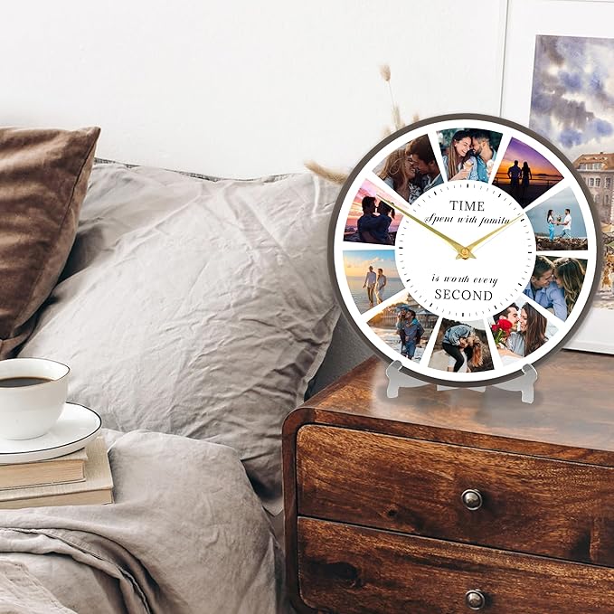 Personalized Photo Collage Wall Clock - 10 Picture Family Quote Clock, Custom Rustic Farmhouse Style for Home, Kitchen, Living Room, Silent Battery Powered, Gift for Christmas