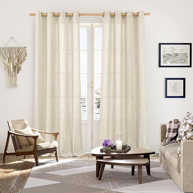 YoungsTex Linen Curtains 102 Inch Length for Living Room, Light Filtering Semi Sheer Window Treatments with Bronze Grommet for Bedroom Farmhouse, 52 x 102 Inch, 2 Panels