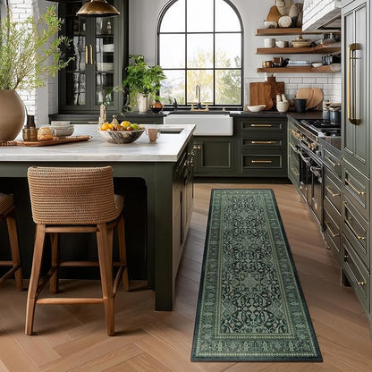 Dark Green Rug Runners for Hallways 2x6, Vintage Boho Entry Rug with Floral Moroccan Pattern Printed for Kitchen Bathroom, Washable Non Slip Runner Low Pile Thin for Laundry Room Bedside