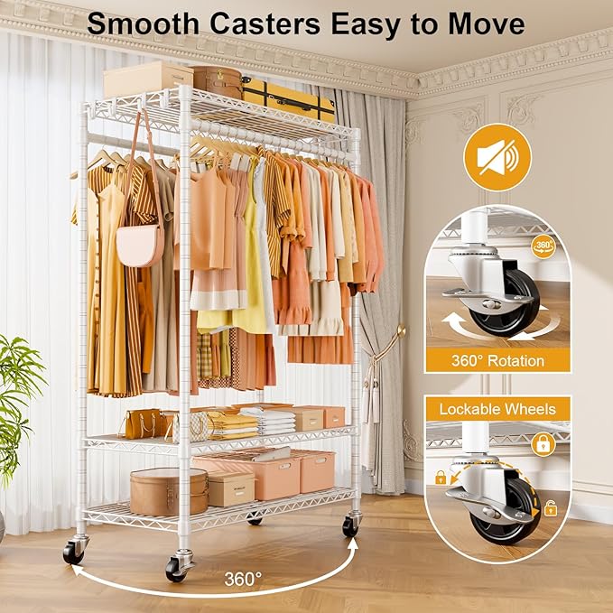 P7 Rolling Clothes Rack, Clothing Racks for Hanging Clothes, Heavy Duty Garment Rack with Wheels, 3 Tiers Freestanding Portable Closet Rack 45''W × 20.5''D × 80.5''H, Max Load 480 lbs, White
