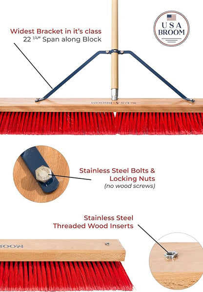 USA Broom 36" Everyday Sweep Indoor/Outdoor Push Broom with 60" Handle. Ideal for Garages & Shops. Durable American Made Steel Brackets-All Stainless Steel Hardware. No Plastic. 100% Made in The USA.