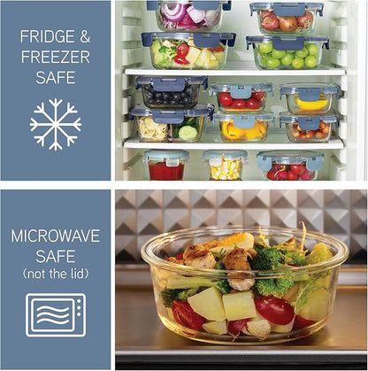 COOK WITH COLOR Premium 32-Pc. Borosilicate Glass Food Container Set with Dividers - 4 Rectangles, 8 Rounds, 4 Squares - Leakproof Lids - Meal Prep, Storage, Ombre Blue