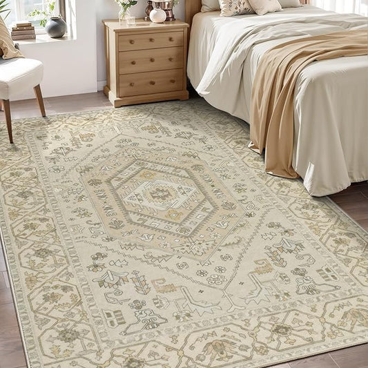 SERISSA Area Rug 3x5 Boho Rugs for Bedroom, Washable Non-Slip Living Room Rug, Ultra Soft Print Distressed Vintage Beige Rug Low-Pile Throw Carpet for Entry Kitchen Bedroom Nursery Dorm Decor