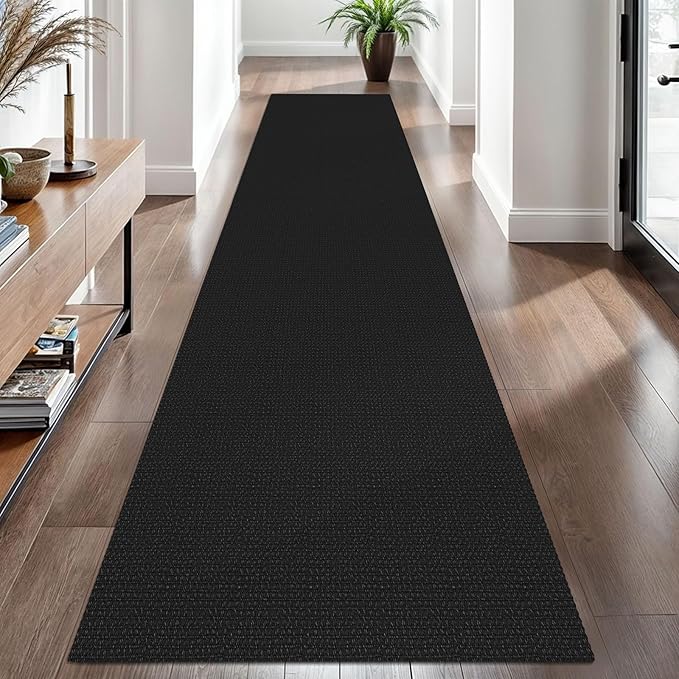 EARTHALL Woven Runner Rug 2.6x10 Ft Washable Runners for Hallways Long Non Slip Rubber Backed Kitchen Runner Braided Indoor Floor Carpet Runners for Entryway, Hallway, Kitchen, Black/Grey
