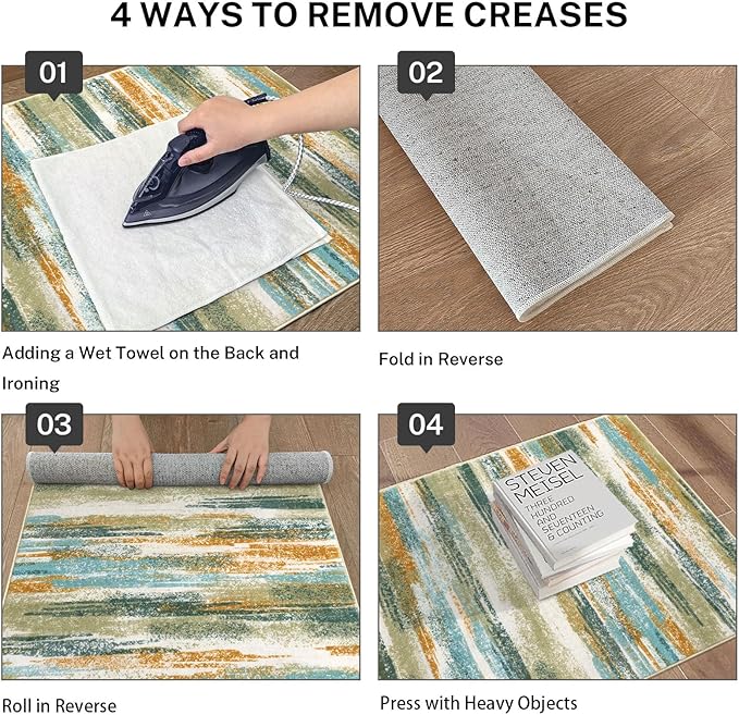 Modern Abstract Runner Rug 2x12, Green Mustard Multi Washable Long Kitchen Runner Non-Slip Soft Hallway Rug Runner Thin Print Faux Wool Carpet for Entryway Bedroom Laundry Room Indoor