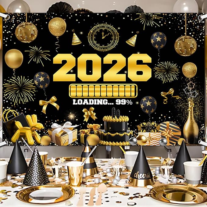 New Years Eve Party Backdrop for 2026, Gold Happy New Year Photo Background Great New Yeras Decorations for Outdoor Indoor Home Wall 7x5ft