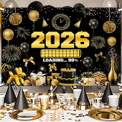 New Years Eve Party Backdrop for 2026, Gold Happy New Year Photo Background Great New Yeras Decorations for Outdoor Indoor Home Wall 7x5ft