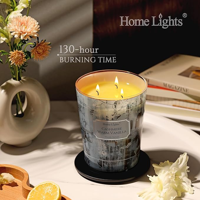 HomeLights Scented Candles | Large Jar 34 Oz Natural Soy Candle | 130 hrs Long-Lasting with 3 Wicks | Industrial Chic Home Decor | Gifts for Mom & Women, Cashmere Warm Vanilla