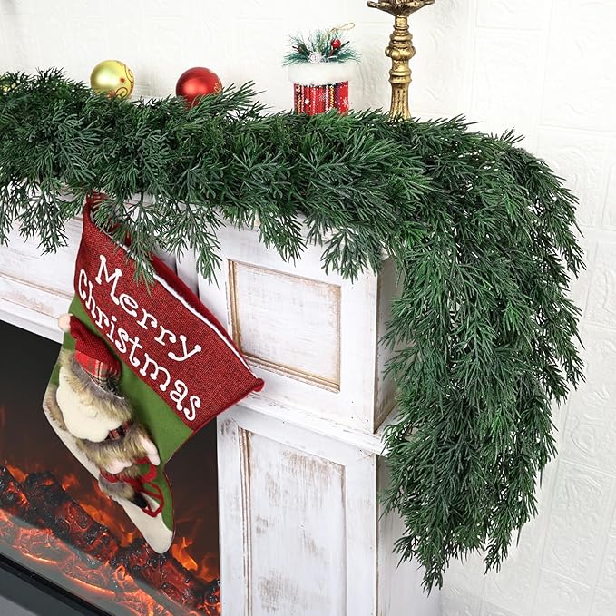 5ft Christmas Cedar Garland, Real Touch Pine Garland, Realistic Cypress Garlands Christmas Decorations for Mantel, Table, Stairs, Porch - Indoor Outdoor Xmas Holiday Decor