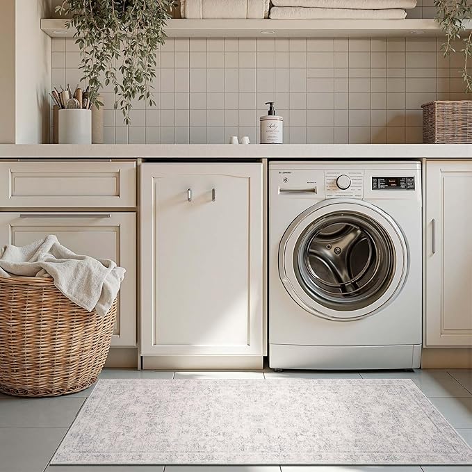 jinchan Runner Rug 2x5 Kitchen Rugs Hallway Runner - Machine Washable Vintage Floral Non-Slip,Low Pile Soft Ultra-Thin Distressed Carpet for Entryway Farmhouse Bedroom Laundry Room (2’x5’,Ivory)