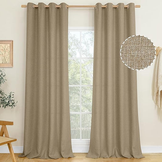 LAMIT Tan Brown Linen Curtains for Bedroom, 90 inches Grommet Thermal Insulated Thick Farmhouse Curtains Noise Reducing Window Treatment Burlap Drapes for Living Room, Set of 2 Panels, W52 x L90