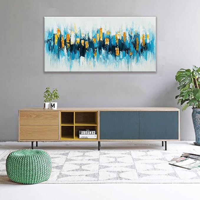 Blue Abstract Wall Art Living Room Abstract Painting Wall Decor Modern 24"X 48" Canvas Art Wall Decor Blue Gold Wall Art Canvas Prints Artwork Pictures For Bedroom Kitchen Artwork