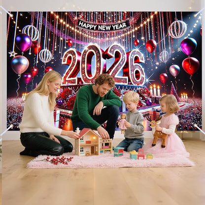 Nuxovilar Happy New Year Banner, 2026 Stage Lights Backdrop for Party Decorations, 71x43 Inch