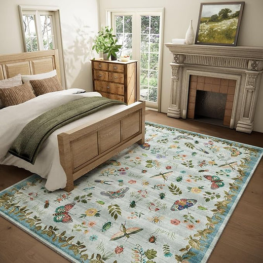 Machine Washable Rug for Living Room: 9x12 Area Rugs Vintage Rug Stain Resistant Non Slip Low Pile Soft Lightweight Carpets for Bedroom Kitchen Dining Room Nursery Kids Room Farmhouse Indoor