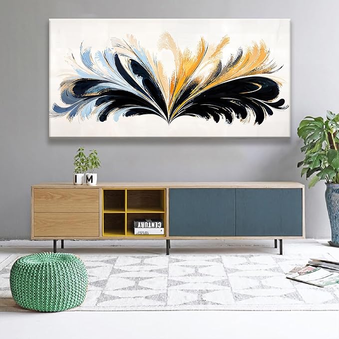 QSQ Large Black And Gold Abstract Wall Art For Living Room Canvas Art Wall Decor Abstract Blue Feather Wall Decor Print Picture For Bedroom Apartment Office Home Wall Decoration 29 X 58 Inch