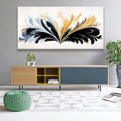 QSQ Large Black And Gold Abstract Wall Art For Living Room Canvas Art Wall Decor Abstract Blue Feather Wall Decor Print Picture For Bedroom Apartment Office Home Wall Decoration 29 X 58 Inch