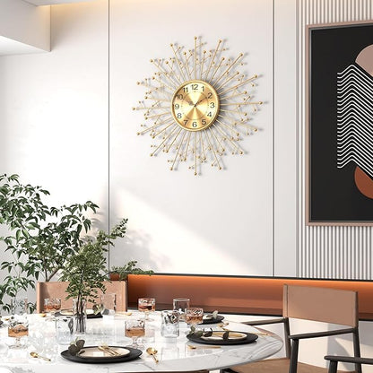 Large Modern Gold Wall Clock Decorative Mid Century Sunburst Branch Wall Clocks, Minimalism Metal Silent Clock, Luxury Home Gift Decor for Living Room, Bedroom, Dining Room, 24 inch