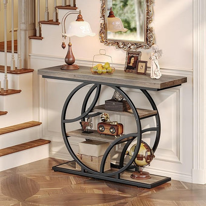 Huuger 41.3 Inch Entryway Table, Modern Console Sofa Table, Accent Table with Shelves, for Entry, Hallway, Entrance, Foyer, O-Shaped Metal Frame, Grey