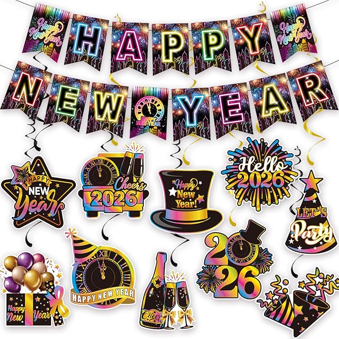 Colorful Happy New Year Banner & Hanging Swirls, Neon Themed 2026 Happy New Years Paper Banner Ceiling Swirl Streamers for New Years Eve Party Supplies