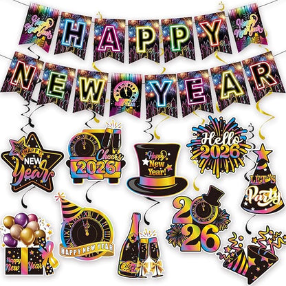 Colorful Happy New Year Banner & Hanging Swirls, Neon Themed 2026 Happy New Years Paper Banner Ceiling Swirl Streamers for New Years Eve Party Supplies